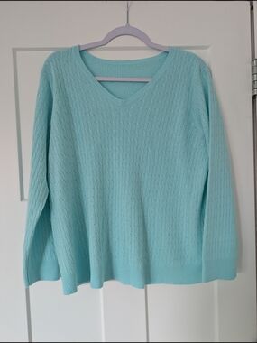 Light Aqua V-Neck Cable Knit Sweater